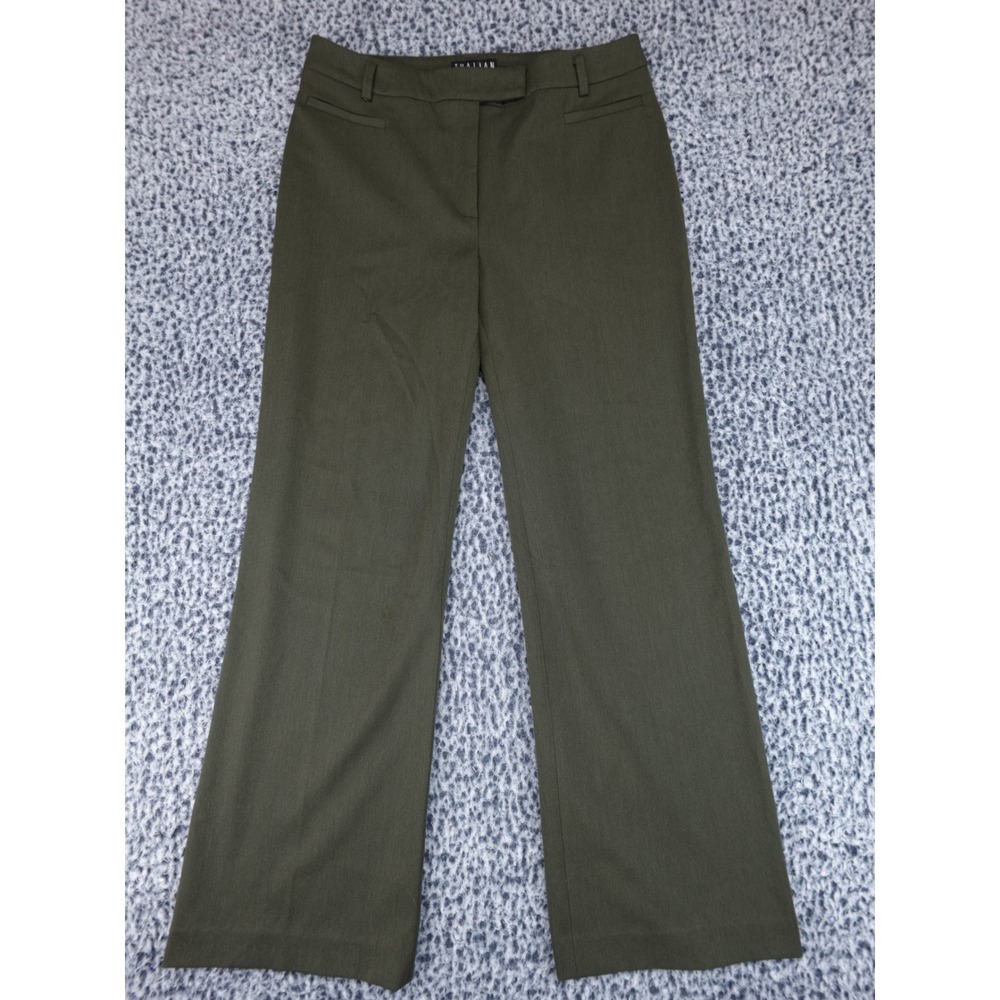 Thalian Trousers Womens 8 Olive Green Wide Leg Flat Front Dress Pants Mid Rise